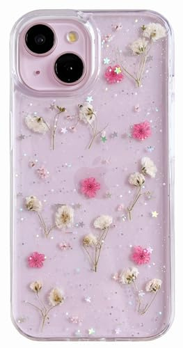AMART für iPhone 15/iPhone 14/iPhone 13 Hülle Blumen, Durchsichtig Handyhülle mit Echte Getrocknete Blumen Hülle,Klare mit Glitzer Motiv Weich Silikon Schutzhülle für iPhone 15/14/13(Rosa)