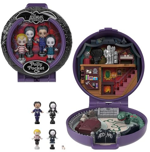 Polly Pocket Collector Playset, The Addams Family Compact with 4 Special Edition Character Dolls and 10 Accessories, HXW25
