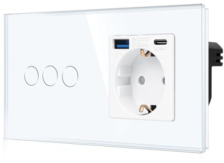 CNBINGO Interruptor de luz de cristal y enchufe Schuko USB empotrado, tipo C y tipo A 3,1 A/20 W total, interruptor de luz táctil con estado LED, 3 capas, color blanco