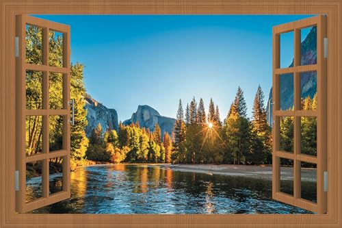WRIGAEL Fake Window for Walls Faux Window Decal Windows Poster Picture Open Window Wall Art Decor, Stick and Peel Wallpaper Nature Wall Decol Lake Scene Mural, 32x48