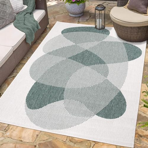 carpet city Outdoor Teppich Wetterfest 160x230 cm - Creme-Grün - Wendeteppich, Beidseitiges Geometrisches Muster - Balkonteppich Wasserfest Outdoor - Terrassenteppich
