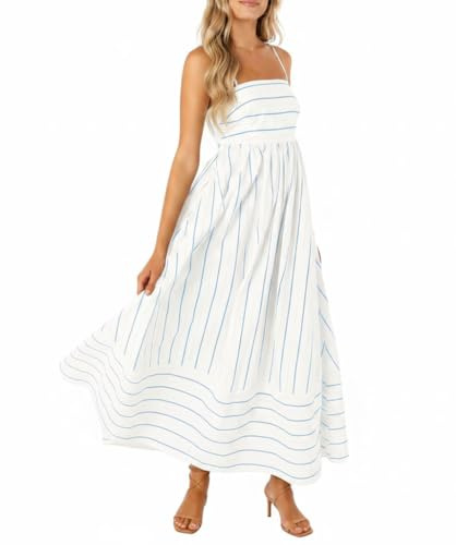 chouyatou Women's Striped Back Smocked Maxi Dress Sexy Spaghetti Strap Cut Out Flowy Swing Long Dress (X-Small, Blue White)