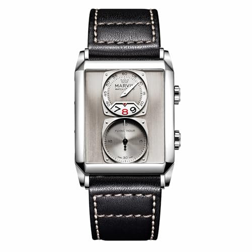 marvin Rechteckige Herrenuhr Automatik Schweizer Herren Luxus Chronograph Quarzwerk Echtes Lederarmband Edelstahlgehäuse Leuchtzeiger 50 Meter Wasserdicht Business Armbanduhr für Männer