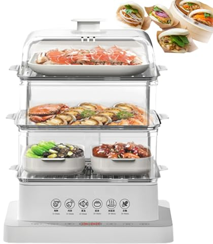 forplubossmmp Vaporera Eléctrica Desmontable, Vaporera De Cocina Plegable con Múltiples Cocinas, con Retención De 12 Horas Y Función De Mantener Caliente, Vaporera (3 Capas/40 L), Bandeja Visual