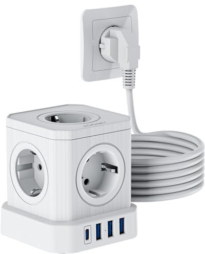 Mehrfachsteckdose Voomy Cube S6, 5 m, 4 USB-Ladeports mit eingebautem Micro-USB-Ladeanschluss, Weiß