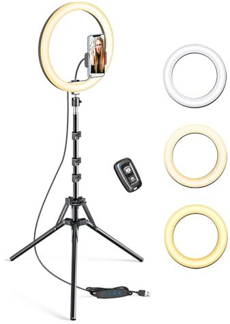 REY Aro de Luz Selfie con Trípode para Móvil, Control por Bluetooth