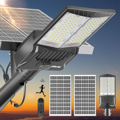 Ofuray Of-8800W Lampadaires solaires d'extérieur IP67 de sécurité solaire pour parking commercial avec détecteur de mouvement, 6500 K LED du crépuscule à l'aube avec télécommande pour rue, parc