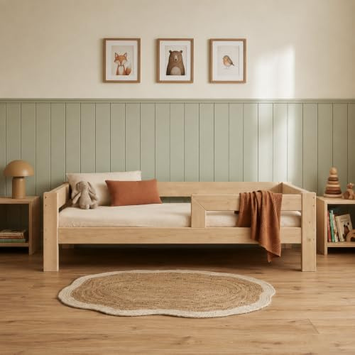 Need Sleep Montessori Bett Kinder Kinderbett 90x200 cm mit Rausfallschutz und Lattenrost Juniorbett Kleinkind Kleinkindbett Jugendbett für Mädchen und Jungen aus Holz