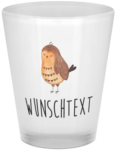 Mr. & Mrs. Panda Personalisiertes Schnapsglas Eule Zufrieden - Personalisierte Geschenke, Geschenk Hochzeitstag, Shotglas personalisiert, Pinnchen mit Namen, Schnapsgläser, Owl, Müde, Liebesspruch