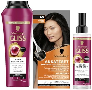 Schwarzkopf Ansatzset A5 Schwarz Stufe 3 (45 ml) Haaransatz kaschieren in nur 10 Minuten & Gliss Shampoo (250 ml) & Express-Repair-Spülung (200 ml) Colour Perfector, Hitzeschutz (230 °C)