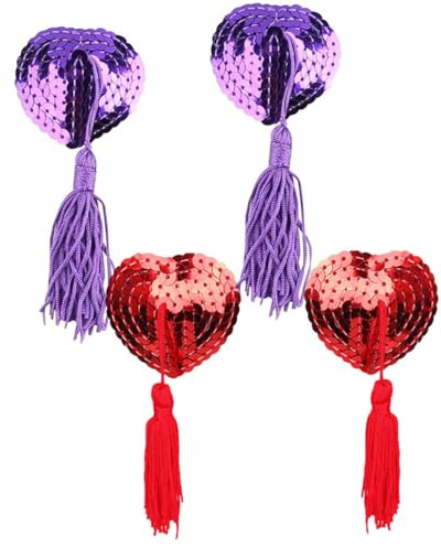 KGDUYC 2 paires Cache-Tétons Adhésifs, Housse de Mamelon Autocollante avec Franges Réutilisable Femmes Sexy Sequin Frange Coeur sous-Vêtements Femmes Buste Crème Mamelon Franges (rouge + violet)