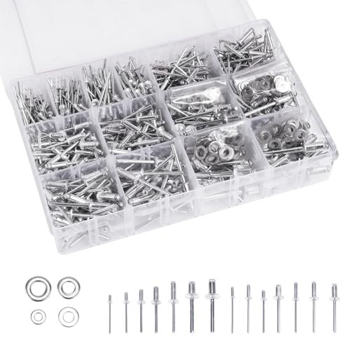 ONEVAN 700tlg Blindnieten, 8 Größen Aluminium Blindnieten Popnieten Sortiment, 2.4mm/3.2mm/4.0mm/4.8mm/6.4mm, mit Fächeraufbewahrungsbox