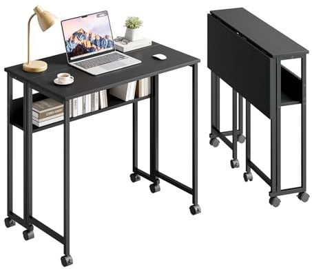 Dripex Klapptisch mit Rollen 80x50 cm, Platzsparender Klappschreibtisch Computertisch Faltbar Tisch mit Stauraum, Schreibtisch Klappbar für Homeoffice Arbeitszimmer, Schwarz