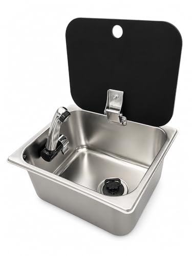 XENPER®KIT Fregadero Camper con Grifo 12V y Desagüe – Ideal para Kit Camper Furgoneta, Lavabo Caravana y Cocina Camper, Ideal para Muebles Camper (GRIFO EN EL LADO IZQUIERDO)