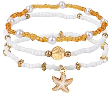 Mikovivi 3 pezzi Cavigliera Boho Shell Set per Donna, Elasticizzata Spiaggia Stelle Marine Perle Perline Bracciali Alla Caviglia con Conchiglie Estate Gioielli Piedi per Vacanza Mare Regalo Feste