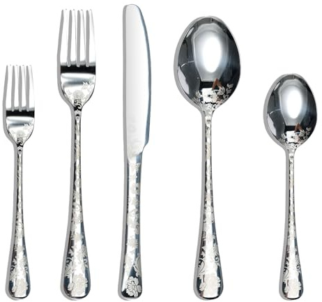 20 Piece Classical Print Stainless Steel Cutlery Set for 4 Flatware Sets Elegant Flower Pattern Tableware Silverware Set with Spoon Knives Forks Dishwasher Safe Utensil for Home Restaurant Party
