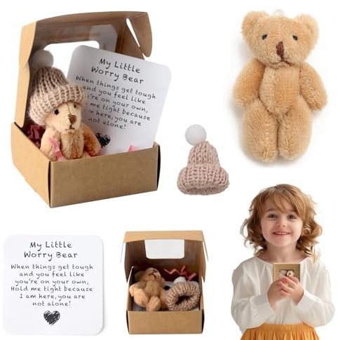 Audasi Worry Bear Hug in a Box, Mini Fluffy Stuffies with Inspirational Cards, Thinking of You Get-Well-Soon Gifts for Kids