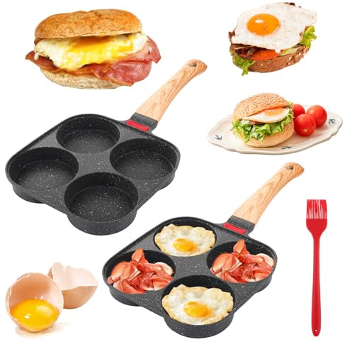 WOPPLXY 2 PCS Non-Stick Egg Frying Pan with 4 Hole, Pancake Poached Egg Pan, Omelet Skillet Fred Egg Burger Pan with Wooden Handle for Breakfast, Kitchen