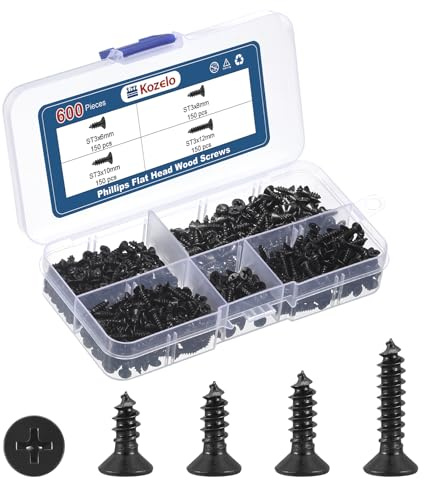 Kozelo 600pcs ST3 Phillips Flat Head Wood Screws Assortment Kit - [ST3x6/8/10/12mm] Carbon Steel Countersunk Self Tapping Screws for Wooden, Black