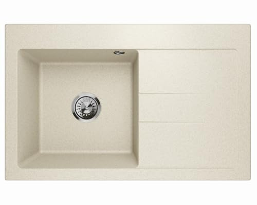 Lavello - Fregadero de granito en color arena – Fregadero de montaje profundo 77,5x49,5 cm – Fregadero de cocina de 1 cubeta con escurridor, fácil de cuidar, resistente a los arañazos, reversible