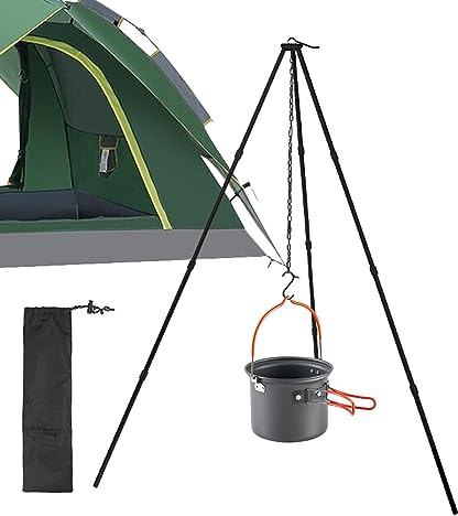 Treppiede da cucina per attrezzatura da campeggio,per fornelli da campo - Treppiede da campeggio leggero per treppiede pieghevole per zaino in spalla Catena di sospensione regolabile, lega di allumini