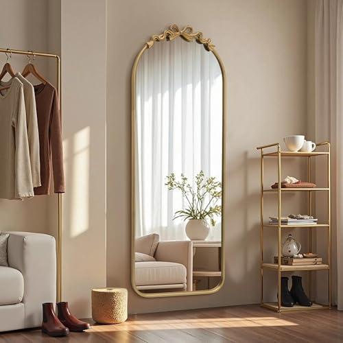 Besdomus Arched Mirror Full Length: 21x56 Bow Gold Arch Floor Mirror - Antique Baroque Traditional Ornate Standing Mirror for Entryway/Cloakroom/Bedroom - Home Decor for Fashion-Conscious