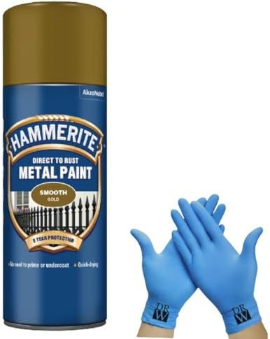 Hammerite Direct to Rust Metal Spray Paint Smooth Gold 400ml + Free Nitrile Gloves | Fast-Drying Aerosol, Long-Lasting Rust Protection for Indoor & Outdoor Metal (GOLD)