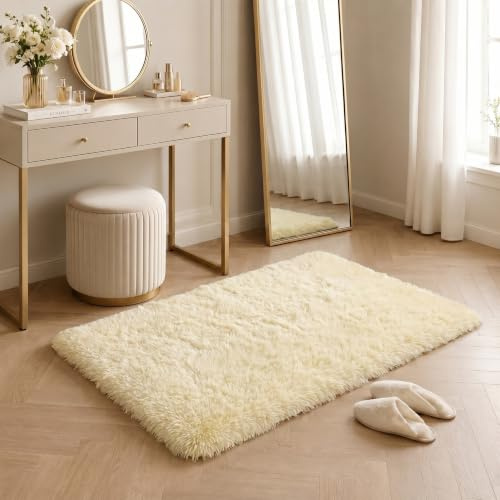 BEIMO Hochflor Teppich Flauschig Creme Teppich Wohnzimmer 60X120CM Teppiche Schlafzimmer Anti-Rutsch Bettvorleger Teppiche Weich rutschfest für Kinderzimmer