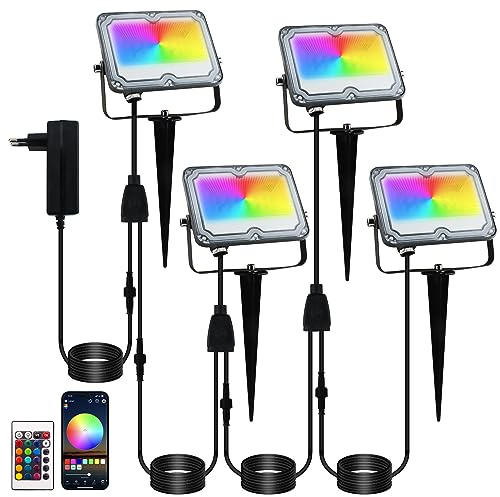 BOSITE RGB LED Strahler 10W, 4 Stück Rgb flutlicht, RGB Außen Strahler IP66 Wasserdichter, LED Gartenbeleuchtung mit Fernbedienungfür Hof Garten Baum Landschaft Rasen Weg- (24V)