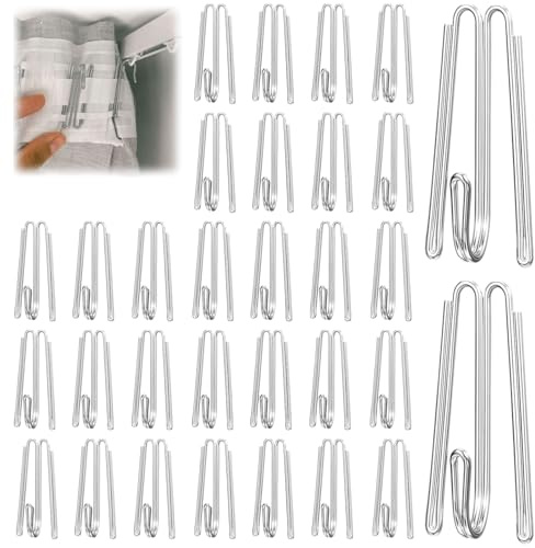 50 Stück Gardinenhaken Metall, Edelstahl Vorhanghaken Faltenhaken für Gardinen, Stainless Steel Curtain Hooks Faltenlegehaken, 4 Zinken Pinch Vorhang Haken für Schienen, Gardinen Haken zum Einhängen
