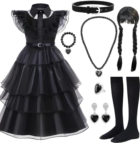 YUVATERA Robe Noire Halloween pour Fille,8 Pièces Costume Enfant,Déguisement Mercredi Addams,Gothique Lolita,Âge 7 à 8 Ans,130 cm,140cm (140)