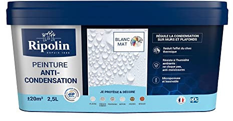 RIPOLIN - Peinture Anti-Condensation Intérieur - Sur Murs et Plafonds - Résiste à l’Humidité Ambiante - Protège des Moisissures - Microporeuse & Lessivable - Ne Cloque Pas - Mat - 2,5L - Blanc