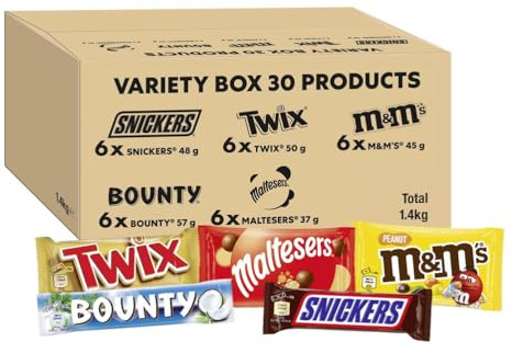 Mixed Bulk Chocolate Box, M&M's Peanuts, Snickers, Twix, Maltesers, Bounty, 1.4kg - 30 Full-Size- Milk Chocolate Bars & Bags, Ideal for Gift, Snacks, Hampers or Party Bags