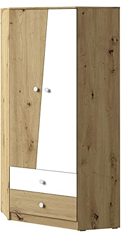 Eckkleiderschrank Araceli AI02, Eckschrank mit Kleiderstange, Fächern und Schubladen, Kleiderschrank, Drehtürenschrank für Jugendzimmer (Eiche Artisan/Eiche Artisan + Weiß)