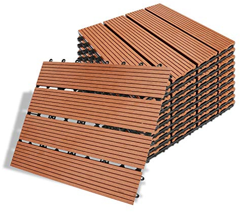 Izrielar WPC - Azulejos de jardín (30 x 30 cm, 1 m²), losa de jardín de madera, azulejos de suelo con sistema de drenaje para jardín, terraza, piscina, balcón, lote de 11, color marrón