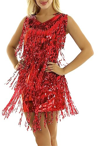 CHICTRY Women's Sequins Tassel Dance Dress Flapper Fringed Latin Salsa Ballroom Dance Costume Red Sequins L