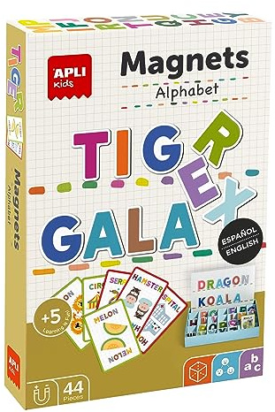 APLI Kids 19443 - Gioco magnetico alfabeto con lavagna e schede per imparare a scrivere fino a 30 parole in 2 lingue. per bambini di età compresa tra 5 anni e oltre. Inglese/Spagnolo.