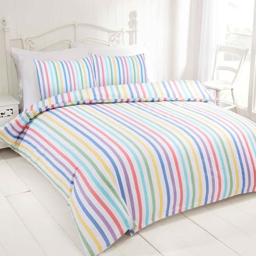 Rapport Home Candy Stripe Super King Duvet Cover Set - 100% Cotton, Multicolour Striped Pattern, Easy Care Bedding for Kids & Adults