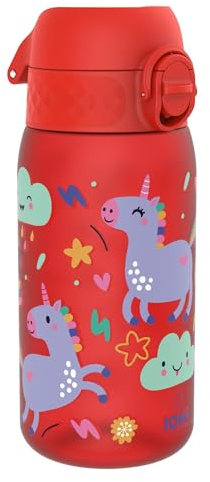 ion8 Kinder Trinkflasche, 350ml, Auslaufsicher, Einhandöffnung, Sichere Verriegelung, Spülmaschinenfest, BPA-frei, Tragegriff, Klappdeckel, Leicht zu Reinigen, Klimaneutral, Rot Einhörner