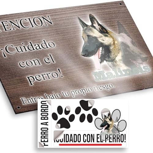 Malinois de belleza Cartel Cuidado Perro Peligroso 20x12,5cm - Diseño Madera Marrón Dibond con Pegatina Coche 20x5cm