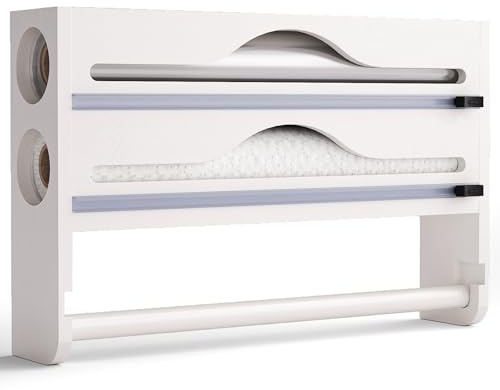 Folienspender für die Küche, 3 in 1, Rollenhalter aus Aluminium und Folie, Wandhalterung oder Schublade für Frischhaltefolie, Aluminium und Backofenpapier, kompakte Küche Organizer