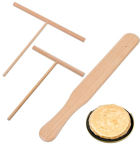 TIESOME 3 Pack Crepe Tool, 11.53 Pancake Turner + 2 Pcs Crepe Stick T-Shaped Spreader Sticks, Wooden Crepes Spatula Set for Any Size Pan Maker, Durable Lightweight