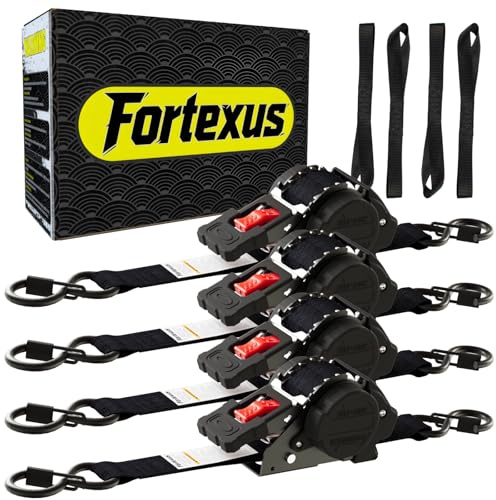 Fortexus Retractable Ratchet Straps 1'' x 12 ft Heavy Duty Tie Downs Automatic Ratchet Straps 1760lb Break Strength for ATV,Trailer,Motorcycle,Scooter,Pickup Truck,UTV,Kayak(Black Red,4 Pack)