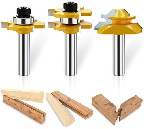 Helovmine 1/2 Shank Tongue and Groove Router Bits Set 45° Lock Miter Bit