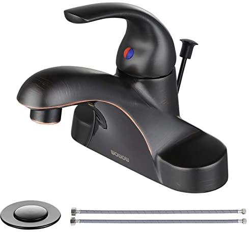WOWOW Single Handle Commercial Bathroom Faucet Oiled Rubbed Bronze 4 inch Centerset Bathroom Basin Sink Faucets One Handle Vanity Faucets Basin Mixer Tap with Lift Rod Drain Assembly
