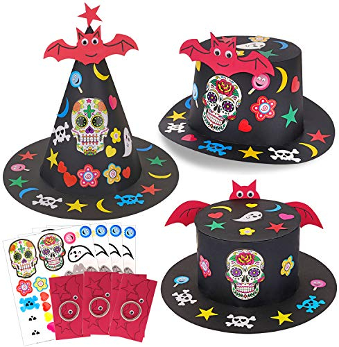 HOWAF 3 Pack Schwarze Halloween Hüte für Kinder Erwachsene DIY Partyhüte Basteln Aktivitäten Zubehör Halloween Kostüme Verkleiden Liefert, Zuckerschädel Hüte Zylinderhut