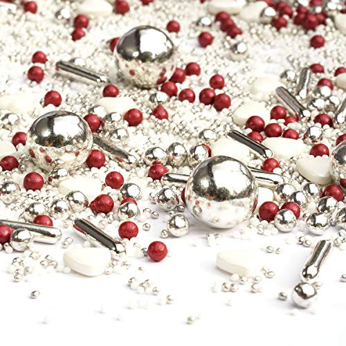 Streusel Sissi weiss silber rot 180g Zuckerstreusel Weihnachten STREUSEL GLÜCK Zucker Streusel zur Verzierung von Plätzchen Torten Kuchen Muffins Cupcakes Deko Silvester Party