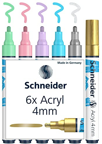 Schneider Paint-It Acrylstifte (Set 2 mit 4 mm Rundspitze, hochdeckende Acrylfarben für Holz, Leinwand, Stein uvm.) 6 Stück