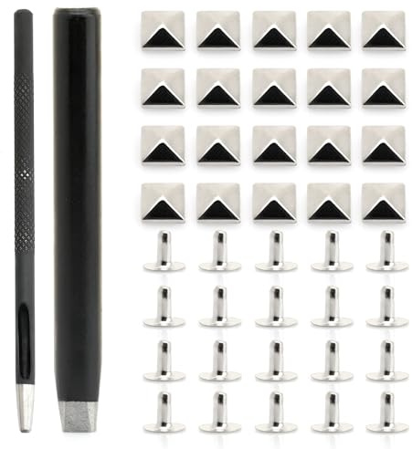 CRAFTMEMORE Pyramid Rivet Setter, Spike Rivet Setting Tool Kit, Hole Punch Cutter, 20 Pyramid Rivets in Silver (7 MM Setter)