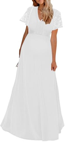 Y-Spitze Ausschnitt Umstandskleid Spitze Kurzarm Umstandskleid Maxikleid für Baby Shower Mutterschaft Fotoshooting